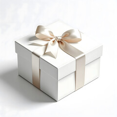 A white gift box with a satin ribbon and bow. The box is neatly wrapped, symbolizing celebration and surprise for holidays like Christmas and New Year.