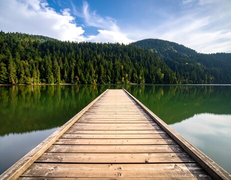 Wooden pier extending into a calm lake, surrounded by lush evergreen forest under a bright blue sky with fluffy white clouds