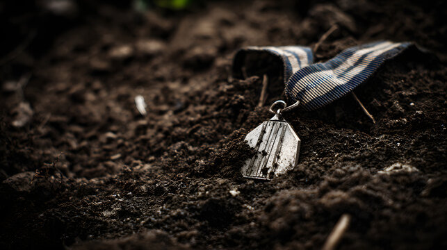 valor. An abandoned military medal lying in muddy ground, overcast daylight. lifestyle magazines, social media lookbooks, designed for influencer and brand collaborations, used by architects.