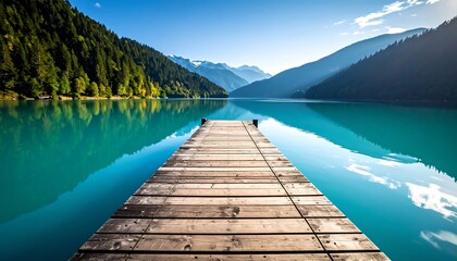 Wooden pier extends into a turquoise lake surrounded by mountains and evergreen trees, under a clear, bright blue sky