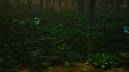 In a tranquil forest at dusk, glowing plants illuminate the moist ground, surrounded by lush greenery. Sunlight filters through the trees, creating a magical atmosphere.