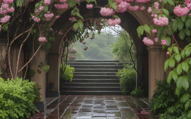 Naklejka premium Rain-Kissed Archway with Vines, Pink Blossoms, and Wet Stone Steps in Poetic Indian Monsoon Light Backdrop
