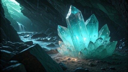 Photorealistic image of a giant glowing crystal formation with razor sharp edges illuminating a dark cave
