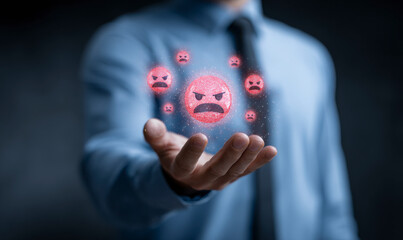 Person holding hovering angry emoticons, symbolizing negativity and anger.