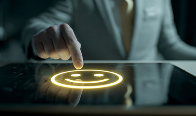 Index finger touching a glowing happy face emoji on a digital tablet.