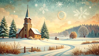 Wintery scene featuring a church with a steeple, surrounded by snowy landscapes, pine trees, and distant hills, with a ring of light floating overhead