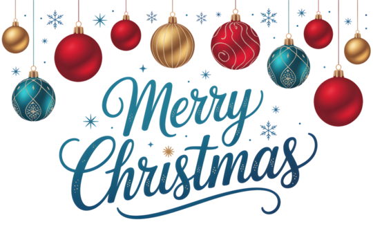 Modern Merry Christmas Typography with Red, Gold, and Teal Decorations - Seasonal Celebration Graphic Element - Powered by Adobe