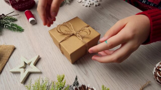 Close-up normal-speed footage of hands preparing a kraft gift box with twine during festive holiday wrapping
