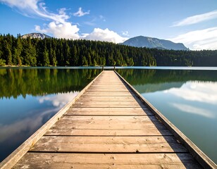 Wooden pier extends into serene lake, flanked by vibrant green forest and distant mountains, under a bright blue, cloud-filled sky. Reflective water