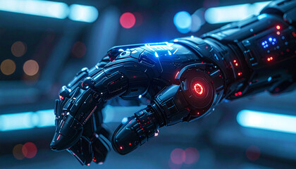 Cybernetic Hand: Intricate details of a state-of-the-art cybernetic hand showcase the future of technology, with glowing circuits, sleek design, and a metallic finish.
