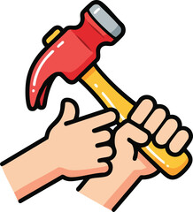 Obraz premium Two Hands Holding A Red And Yellow Hammer Together On White Background