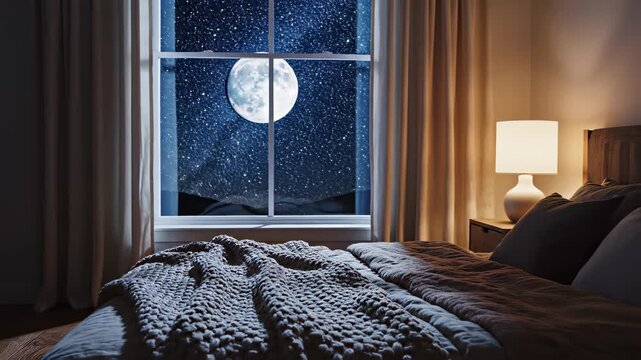 A serene bedroom scene unfolds with a full moon casting its gentle glow through a window, illuminated by soft, warm light on a cozy blanket draped elegantly across the windowsill.