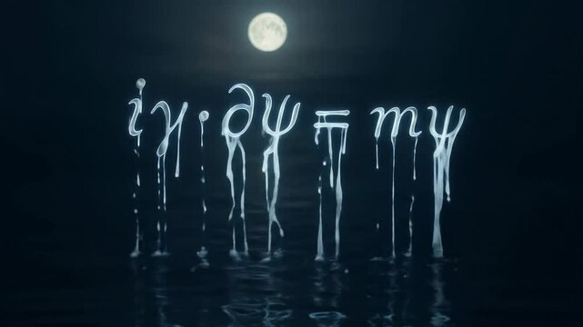 The Dirac equation "i &gamma;&middot;&part;&psi; = m&psi;" rising the water, illuminated by soft moonlight.
