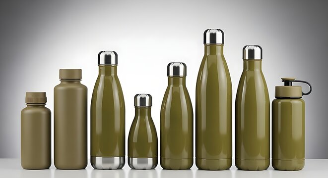 Collection of olive green insulated water bottles and containers - Powered by Adobe