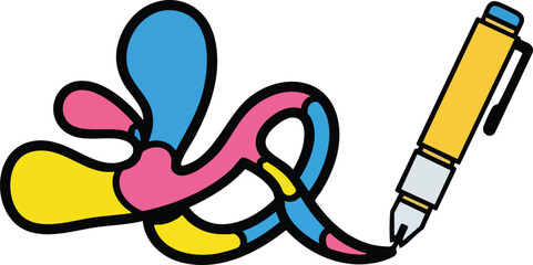 Abstract colorful doodle drawn by yellow pen on white background cartoon style