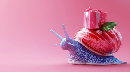 A cute snail slowly carrying a beautifully wrapped gift on its back, moving carefully across a soft, natural background.