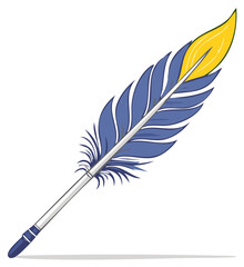 Colorful quill feather illustration with blue, yellow and white colors, isolated on white.