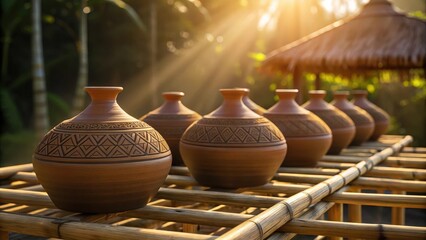 Traditional handmade pottery drying on a bamboo rack in warm golden sunlight