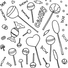 A set of heart-shaped lollipops, round lollipops with a variety of patterns, and candies