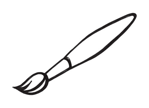 Paint brush icon outline. Hand made contour black brush drawing on a white background. For writing, drawing, sketching. Stationery element. The icon. For study, work, office.