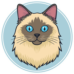 Obraz premium Cute cartoon Siamese cat head with striking blue eyes in a light blue circle