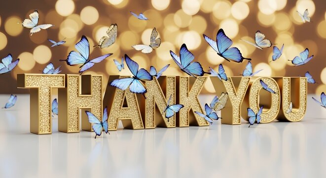 Golden thank you letters surrounded by blue butterflies and bokeh lights
