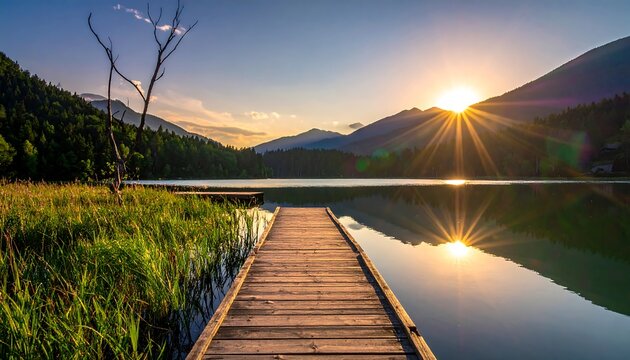 Wooden pier stretches toward a serene lake, mirroring the fiery sunrise behind distant mountains and verdant hills. Golden rays burst