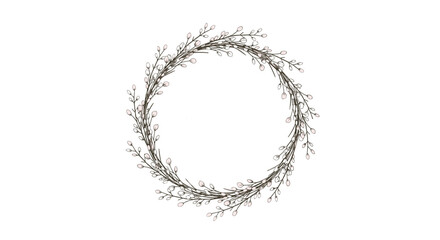 Delicate hand-drawn spring wreath illustration featuring natural branches adorned with tiny, light-colored buds on a clean white background.
