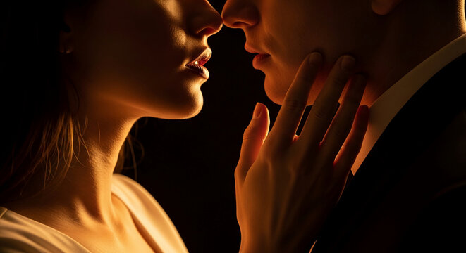 Close-up of a couple's faces illuminated by warm light, about to kiss, symbolizing intimacy, romance, and love, ideal for Valentine's Day