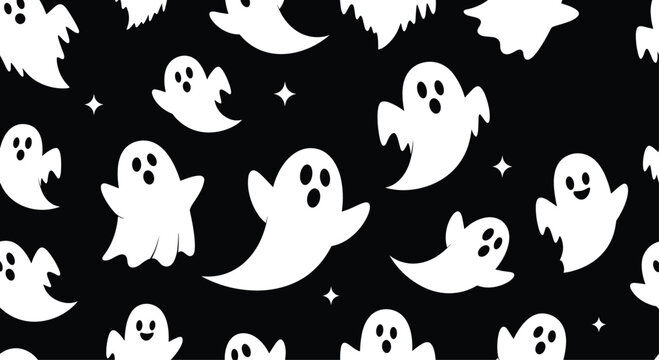 Cute cartoon white ghosts flying on a black background with stars, creating a fun and spooky seamless Halloween pattern.