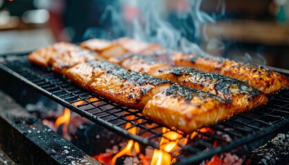 炭火の上で焼かれるうなぎの蒲焼が並ぶ香ばしい調理の様子