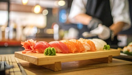 木製カウンターの上に並ぶ握り寿司が照明に映える落ち着いた店内