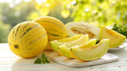 Canary Melon and canary melon slice on white surface in natural warm sunlight background