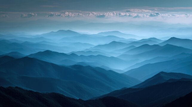Misty blue mountain ranges at sunrise or sunset - Powered by Adobe