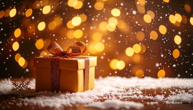 Golden Christmas gift box with glitter ribbon on snow, glowing festive lights and falling snowflakes - Powered by Adobe