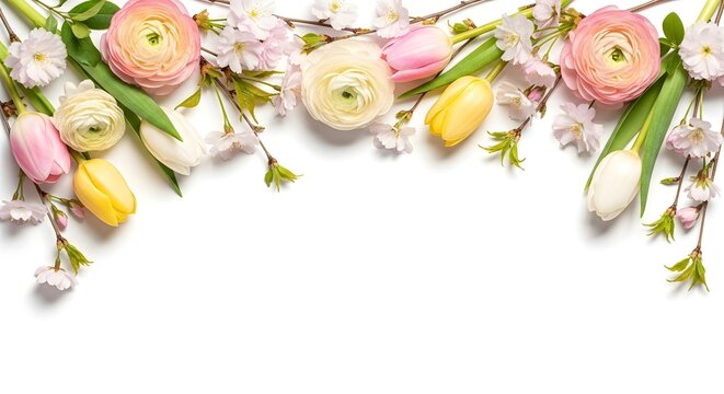 Spring floral border with ranunculus tulips and cherry blossoms