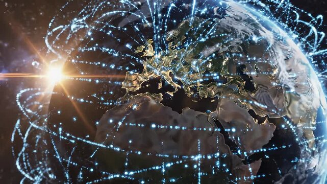The Earth is surrounded by glowing networks of data and energy swirling in space, illuminated by a bright sun. The scene highlights Earth's connectivity and the vastness of the uni