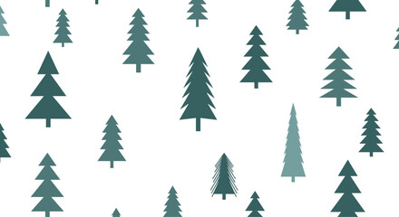 Abstract seamless pattern of stylized blue-green evergreen trees on a white background, creating a modern and versatile winter forest design.