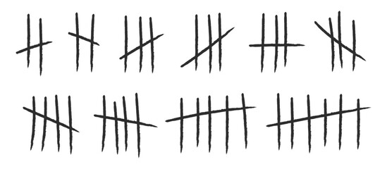 Set of hand-drawn tally marks in a rough, grunge style. Icons of counting to five, often used to symbolize scorekeeping, counting days, survival, or endurance