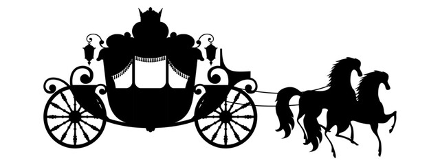 Horse and wagon vector illustration. Silhouette of two horses. Editable stroke.