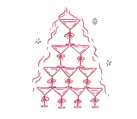 Coquette whimsical cocktail glasses tower, vector cute illustration, sketch for party invitation, champagne drinks