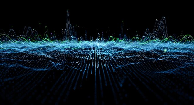 Abstract digital landscape of glowing blue and green energy waves