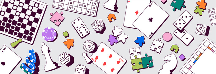 Vector illustration with various board games and playing elements. Includes chess, poker chips, domino, dice, cards, puzzles, and meeples. Perfect for game design, hobby, entertainment events.
