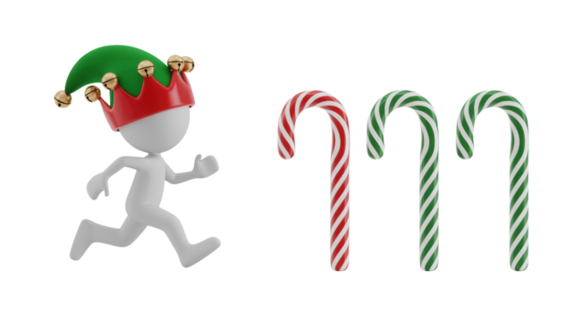 A cheerful cartoon elf wearing a jester hat with bells runs towards three candy canes isolated on transparent background