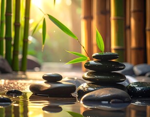 Zen garden scene with stones and bamboo