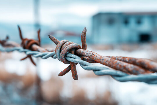 A Close-Up Perspective of Weathered Barbed Wire Highlighting Rust and Texture Against a Blurred Background of an Abandoned Structure
