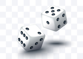 Realistic vector illustration of two falling dice. Dynamic motion symbolizing luck, chance, and gambling. Perfect for casino, board games, and entertainment design projects. 3d template.