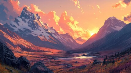 Mountain valley at sunset, with snow-capped peaks and a calm river. Vast, colorful landscape