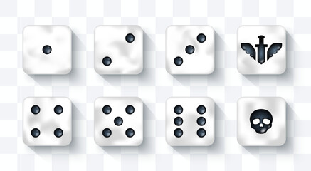Vector illustration of realistic D6 dice showing all sides. 3d six-sided cubes with numbered faces. Perfect for board games, casino, gaming projects. Custom sword, skull side. White pearl marble color