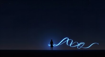 Obraz premium A Young Person Touches the Starry Night Sky, Creating a Multicolored Light Pattern.